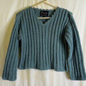 Pure Handknit Green 100% Cotton Cropped Pullover V-Neck Sweater, EUC, Size S/M